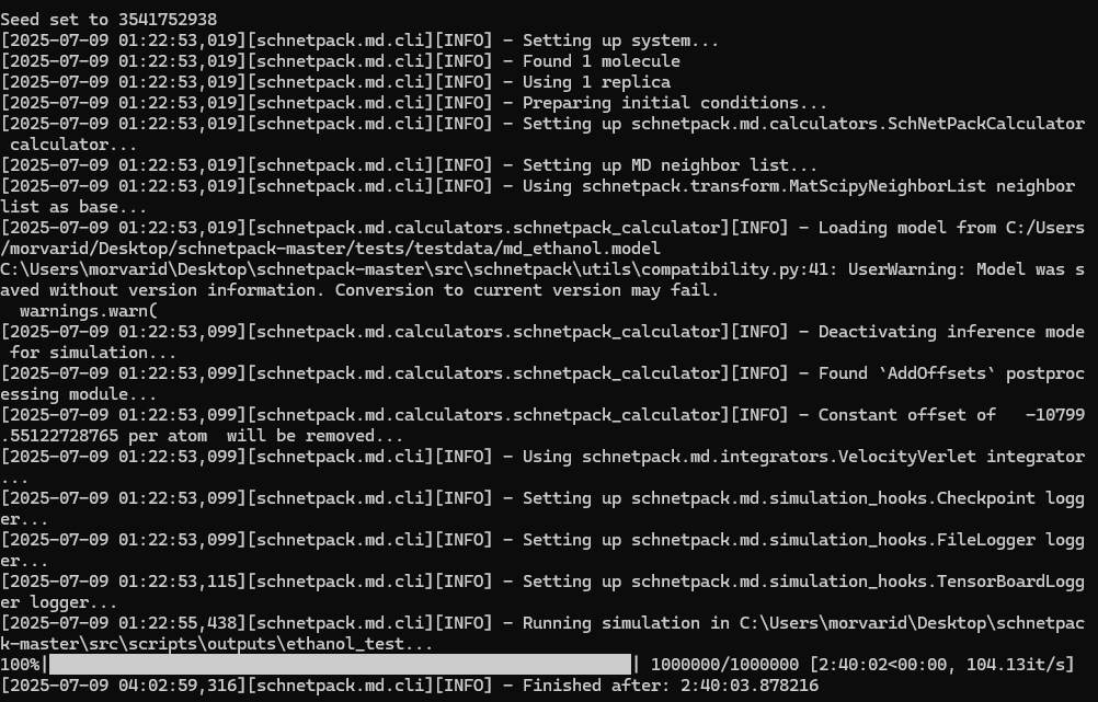 SchNetPack simulation output screenshot